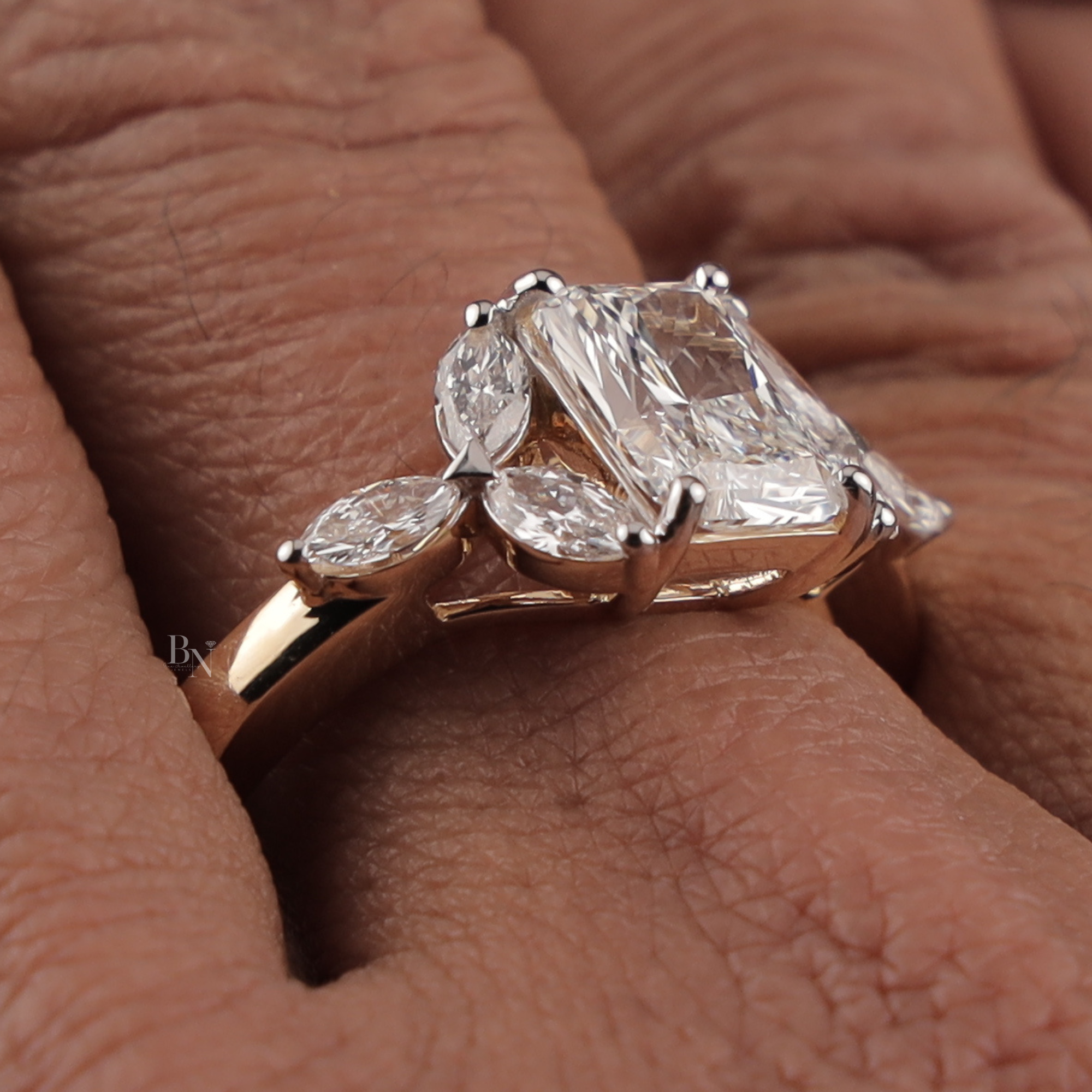 Radiant Cut Engagement Ring | 14k Gold Leaf Marquise Accents Three Stone Proposal Ring