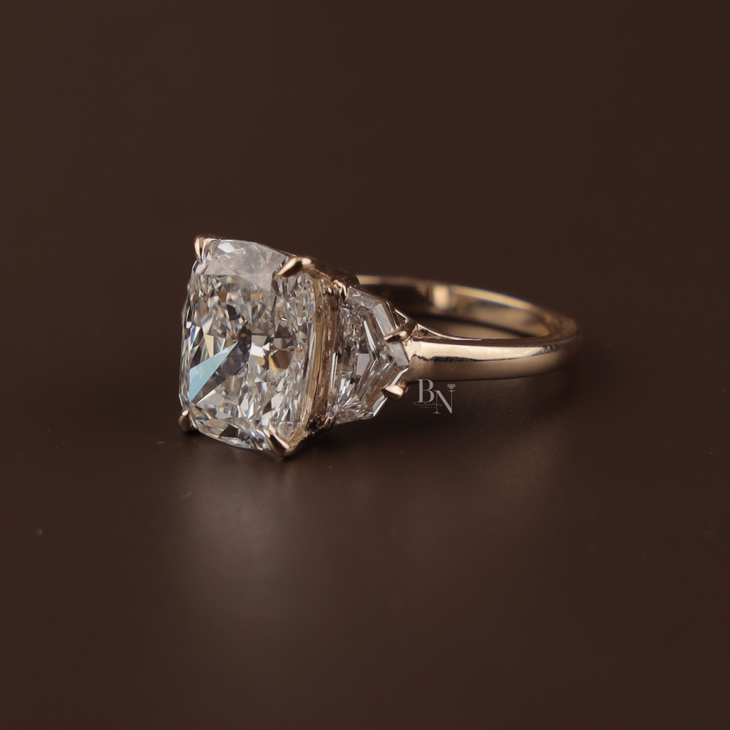 4ct Cushion Cut Lab Grown Diamond Engagement Ring | Three Stone Bridal Ring | 14K Yellow Gold | IGI Certified | Cadillac Side Stones Band