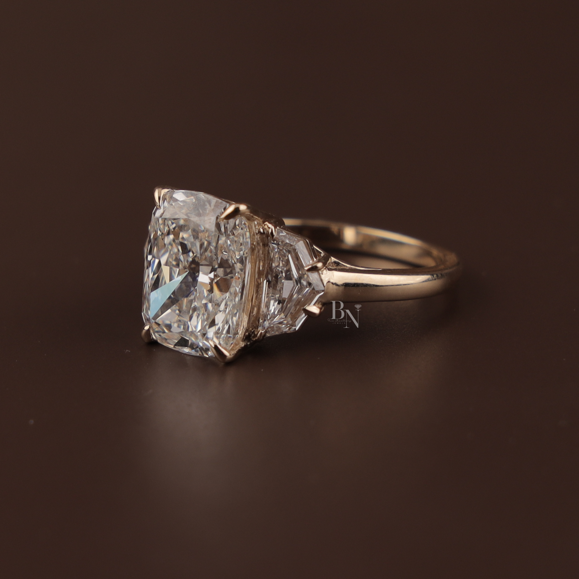 4ct Cushion Cut Lab Grown Diamond Engagement Ring | Three Stone Bridal Ring | 14K Yellow Gold | IGI Certified | Cadillac Side Stones Band