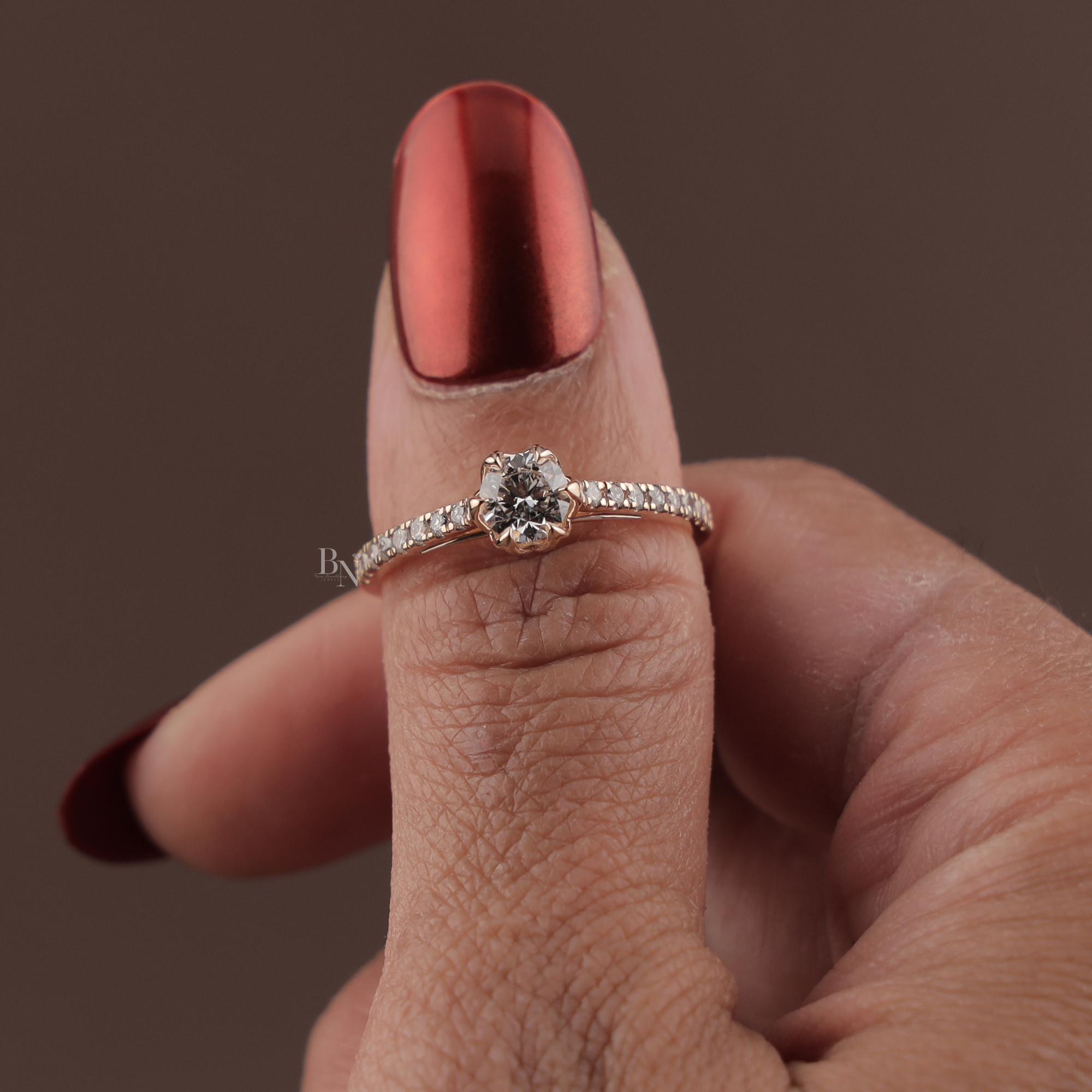 Round Lab Grown Diamond Engagement Ring | 14k Rose Gold Floral Petal Setting | Dainty Pave Bridal Ring | IGI Certified 1ct Promise Ring
