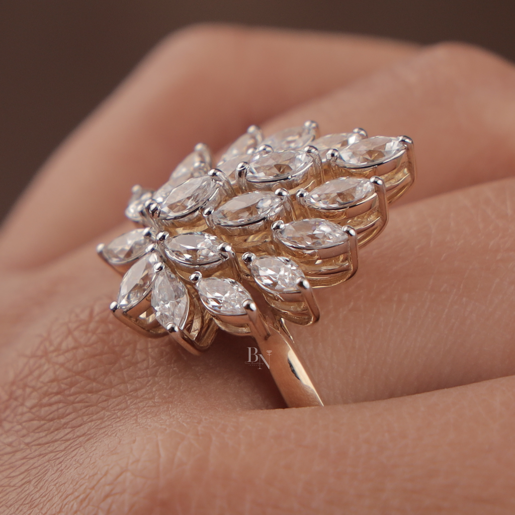2ctw Marquise Lab Grown Diamond Statement Ring | 14K Yellow Gold Cluster Ring | Unique Sunburst Bridal Band | IGI Certified Lab Diamond |