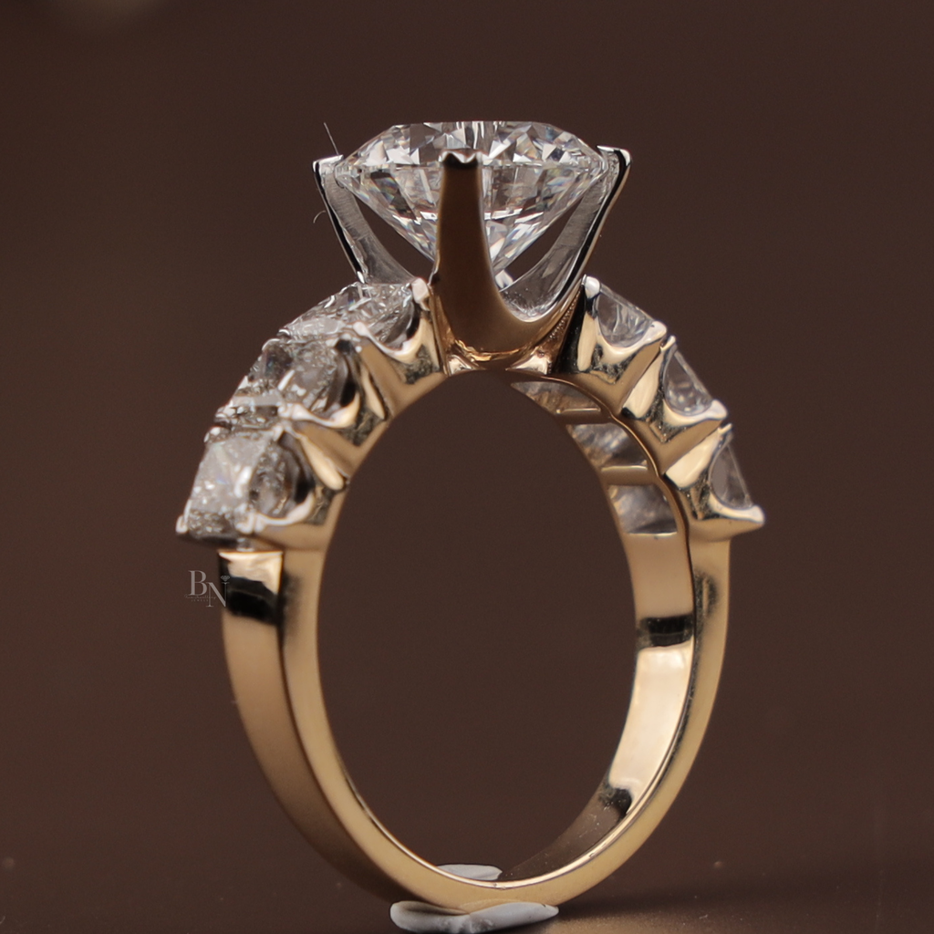 3ct Round Lab Grown Diamond Engagement Ring | NSEW Compass Prong | 14K Gold Princess Cut Accents | IGI Certified Type IIa Bridal Jewelry