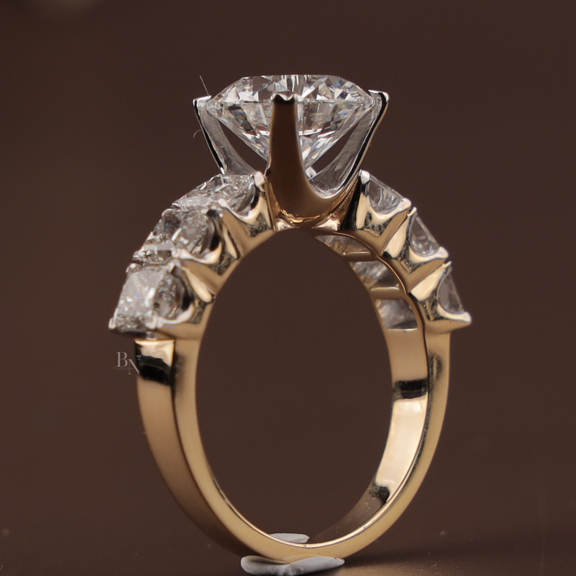 3ct Round Lab Grown Diamond Engagement Ring | NSEW Compass Prong | 14K Gold Princess Cut Accents | IGI Certified Type IIa Bridal Jewelry