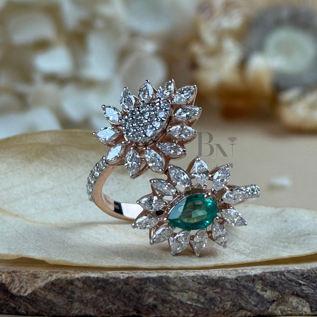 0.50ct Pear Green Emerald & Lab Diamond Toi et Moi Ring | Floral Cluster Two Stone Engagement Ring | 14K Rose Gold Pave Bypass Bridal Band