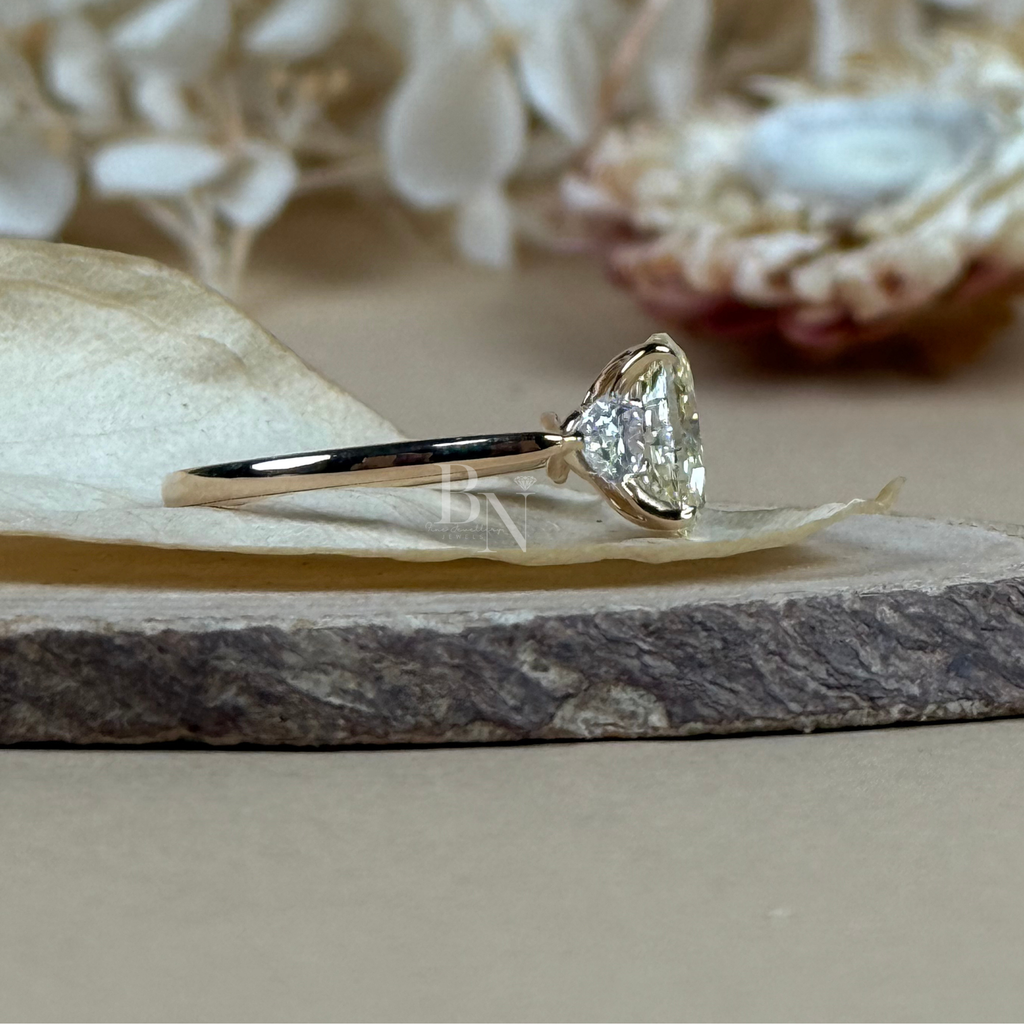 1.8ct Fancy Yellow Oval Lab Diamond Engagement Ring | Pear Side Stones | 14K Gold Three Stone Ring | IGI Certified Oval Cut Bridal Jewelry