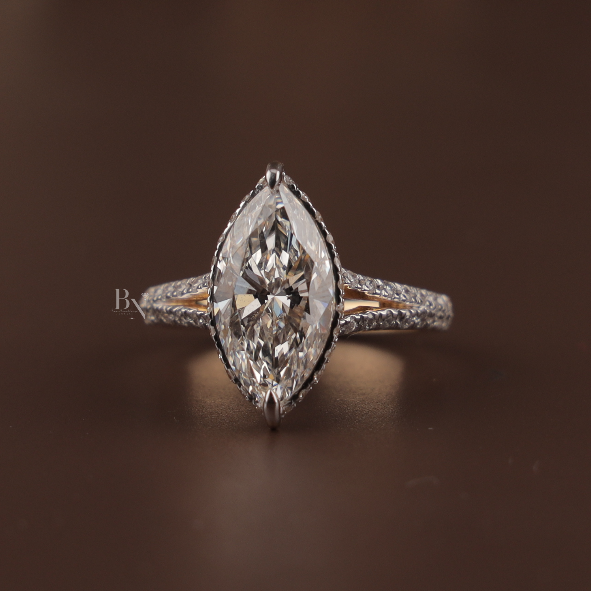 3ct Marquise Lab Grown Diamond Engagement Ring | Hidden Halo Pave Bridal Ring | 14K Yellow Gold Split Shank | IGI Certified | Promise Ring