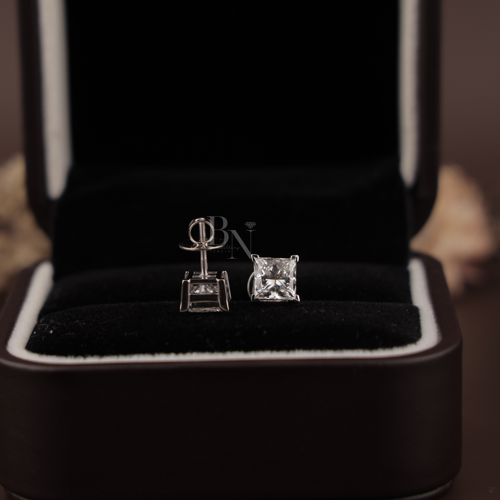 4ct Princess Cut Lab Grown Diamond Stud Earrings | IGI Certified 2ct Each | 14K White Gold 4 Prong Basket | Type IIa Solitaire Studs | Gift