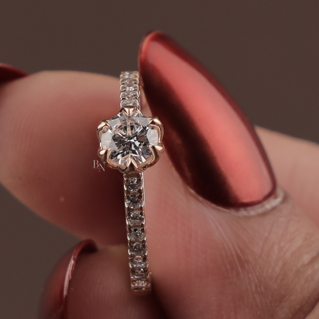 Round Lab Grown Diamond Engagement Ring | 14k Rose Gold Floral Petal Setting | Dainty Pave Bridal Ring | IGI Certified 1ct Promise Ring