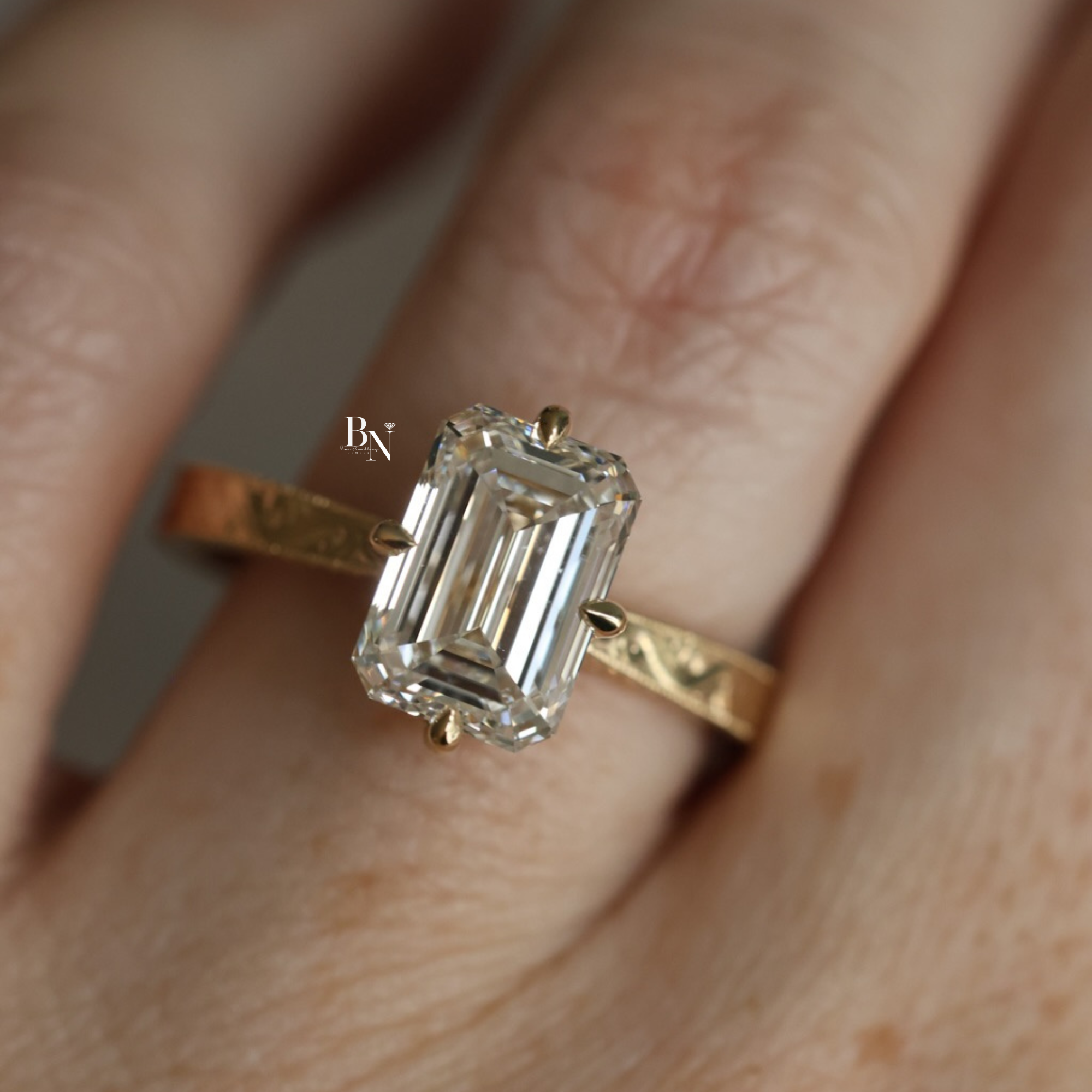 3ct Emerald Cut Lab Grown Diamond Engagement Ring | Vintage Filigree 14k Gold Band | Hidden Emerald Halo | Art Deco Bridal | IGI Certified