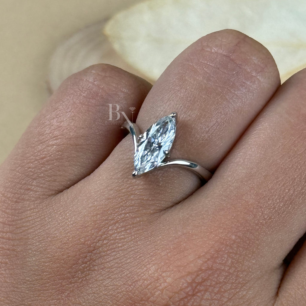 1ct Marquise Lab Grown Diamond Engagement Ring | V Shaped Bypass Solitaire | 14K White Gold Bridal Ring | Marquise Cut Anniversary Gift