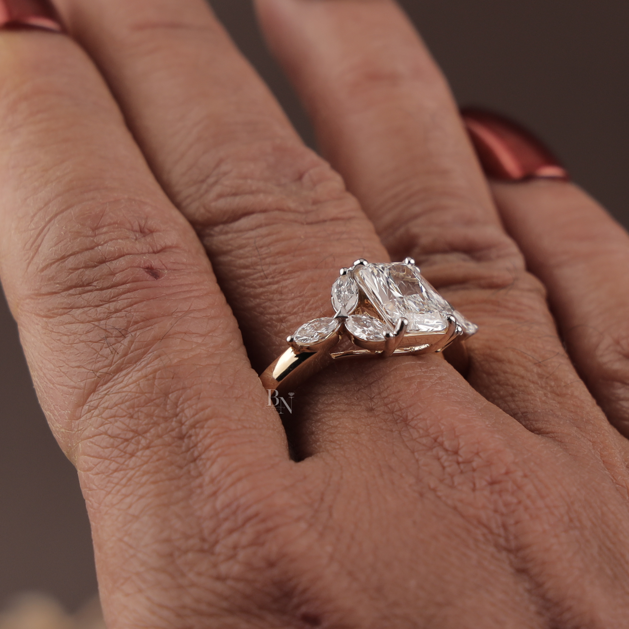 Radiant Cut Engagement Ring | 14k Gold Leaf Marquise Accents Three Stone Proposal Ring