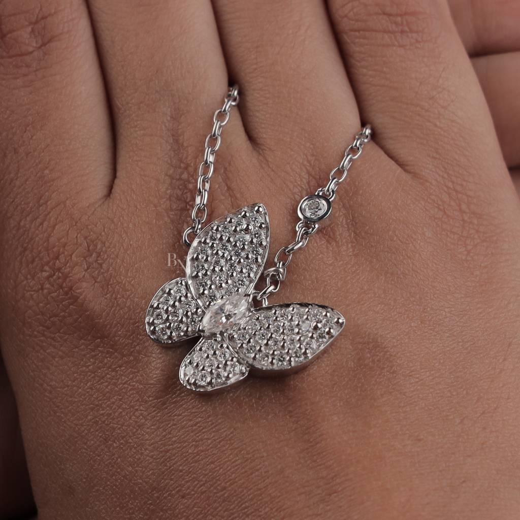1.00 CTW Marquise Lab Grown Diamond Butterfly Necklace | 14K White Gold Animal Pendant | Dainty Pave Diamond Wings | Gift for Her(Only Pendant)