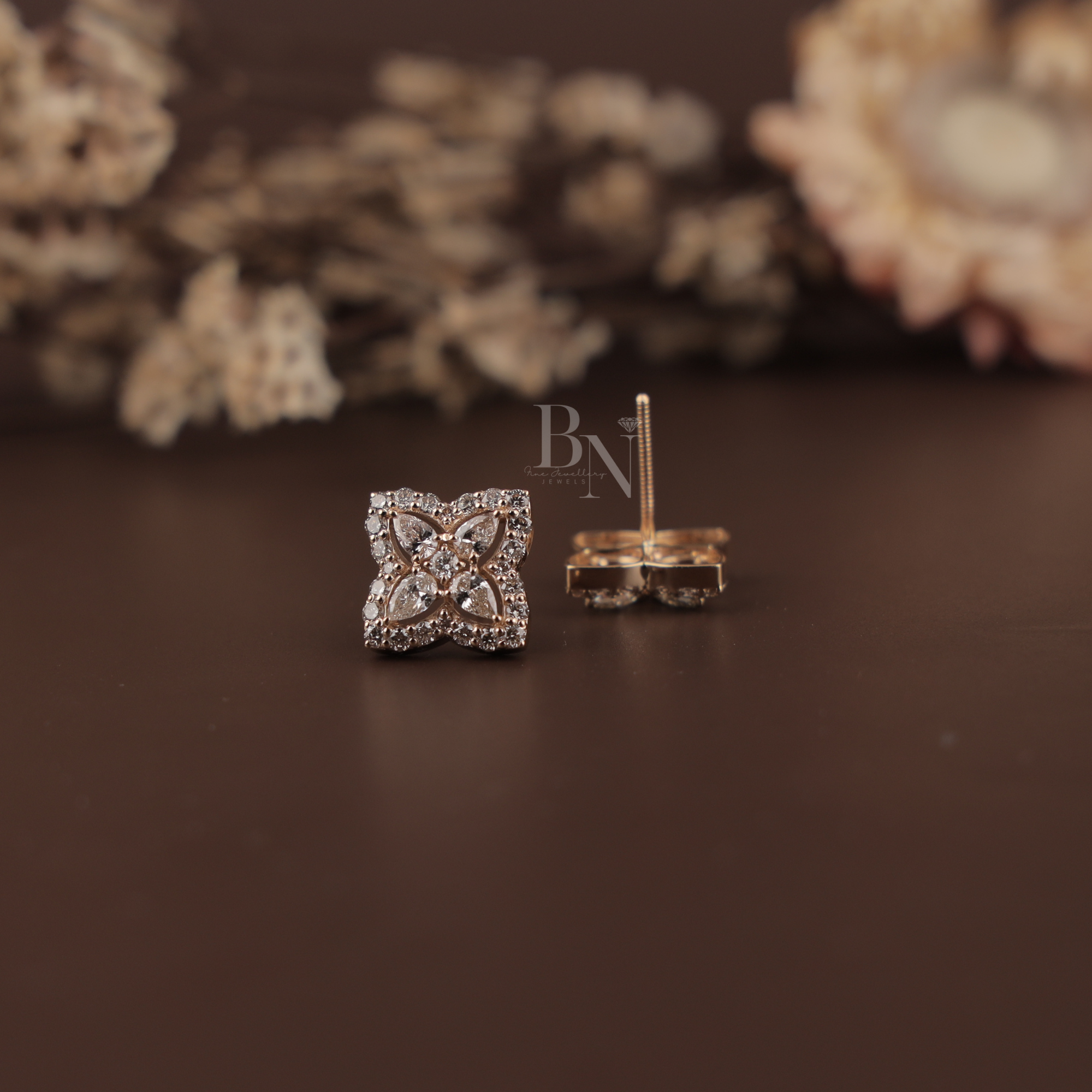 1.75 CTW Flower Lab Grown Diamond Stud Earrings | Pear & Round Cluster Halo Studs | 14K Rose Gold Sparkle Earrings | Unique Wedding Gift | Handmade