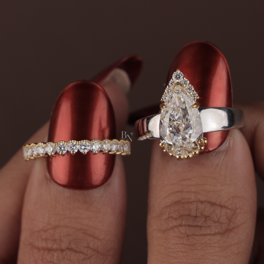 2.5ct Pear Cut Lab Grown Diamond Engagement Ring | Hidden Halo Bridal Set | 14K White Gold Pave Band | IGI Certified Pear Solitaire Ring