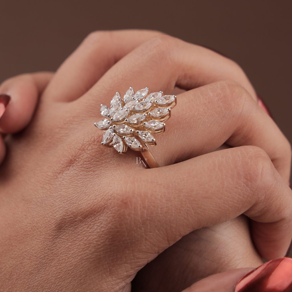 2ctw Marquise Lab Grown Diamond Statement Ring | 14K Yellow Gold Cluster Ring | Unique Sunburst Bridal Band | IGI Certified Lab Diamond |
