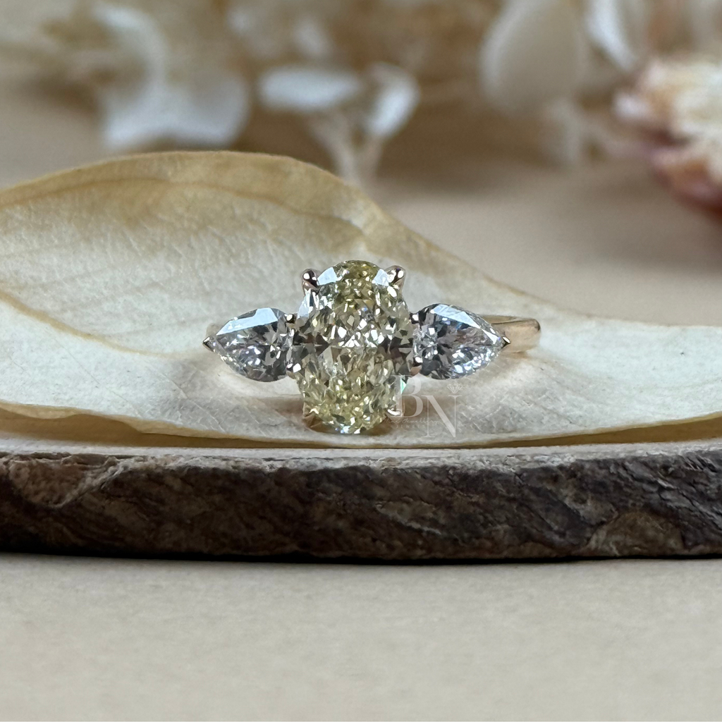 1.8ct Fancy Yellow Oval Lab Diamond Engagement Ring | Pear Side Stones | 14K Gold Three Stone Ring | IGI Certified Oval Cut Bridal Jewelry