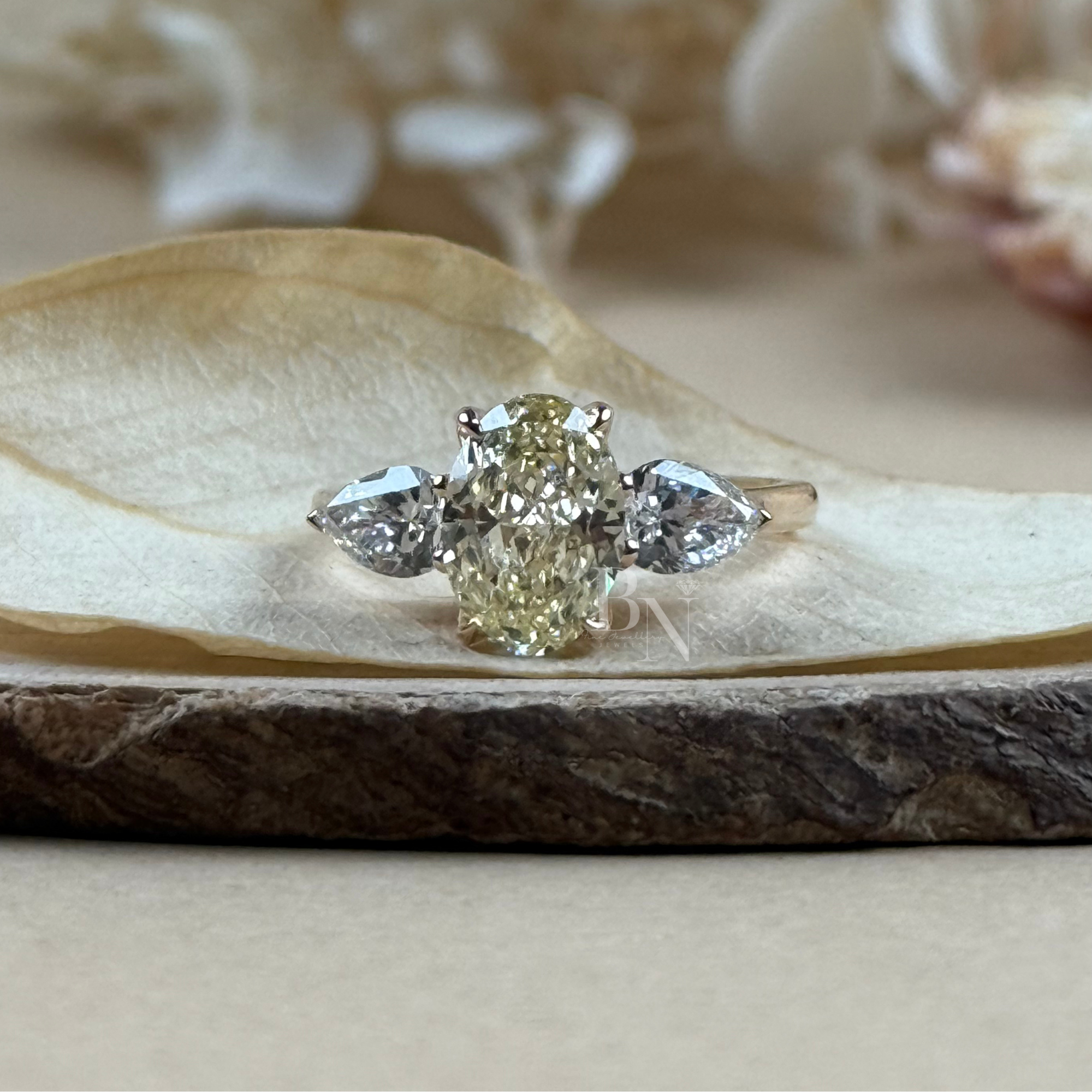 1.8ct Fancy Yellow Oval Lab Diamond Engagement Ring | Pear Side Stones | 14K Gold Three Stone Ring | IGI Certified Oval Cut Bridal Jewelry