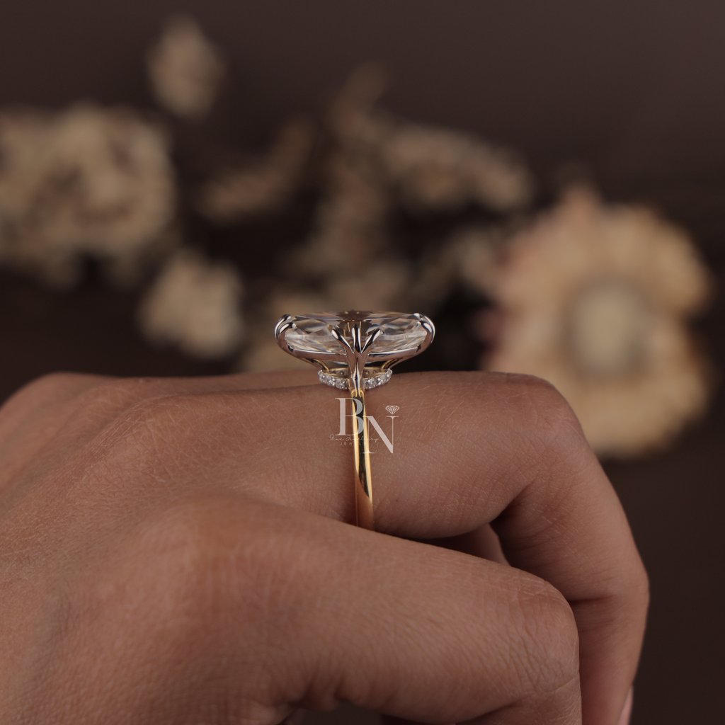 3ct Old Mine Moval Lab Diamond Engagement Ring | Elongated Antique Movall Cut | 14K Two Tone Gold Hidden Halo | Claw Prong Bridal Ring | IGI
