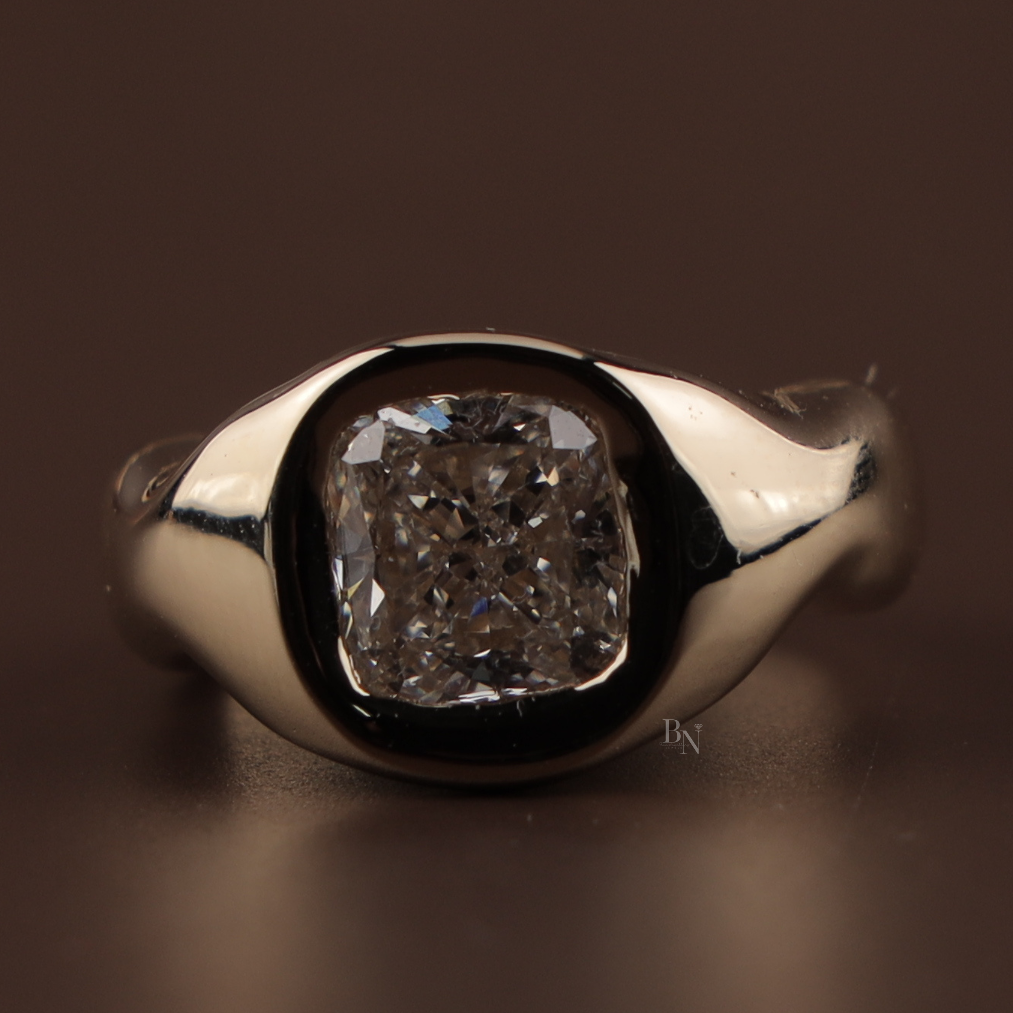 3ct Elongated Cushion Lab Grown Diamond Engagement Ring | 14K Yellow Gold Sculptural Bezel | Organic Wave Solitaire | IGI Certified |
