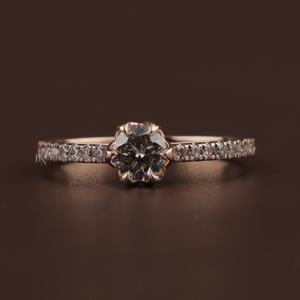 Round Lab Grown Diamond Engagement Ring | 14k Rose Gold Floral Petal Setting | Dainty Pave Bridal Ring | IGI Certified 1ct Promise Ring