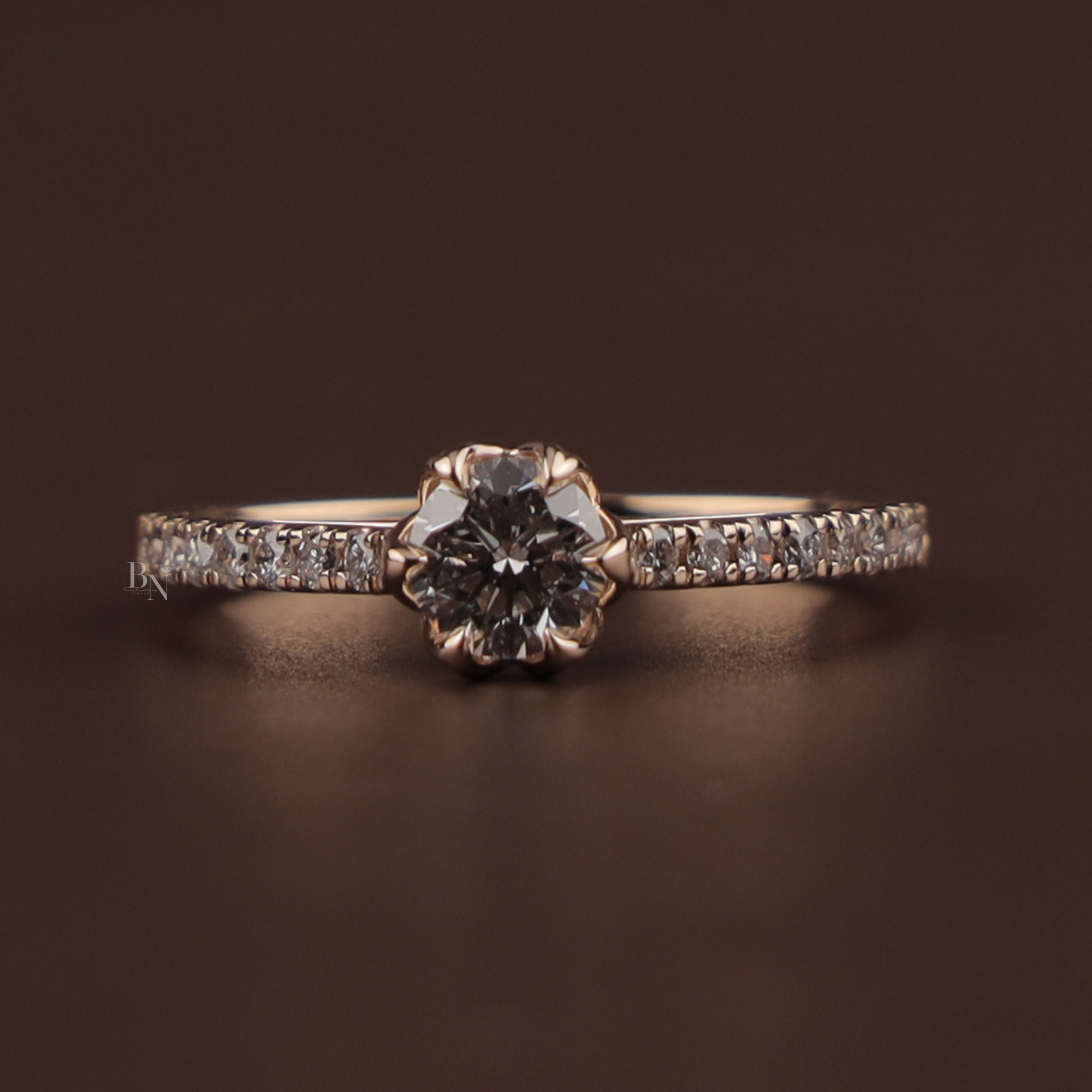 Round Lab Grown Diamond Engagement Ring | 14k Rose Gold Floral Petal Setting | Dainty Pave Bridal Ring | IGI Certified 1ct Promise Ring