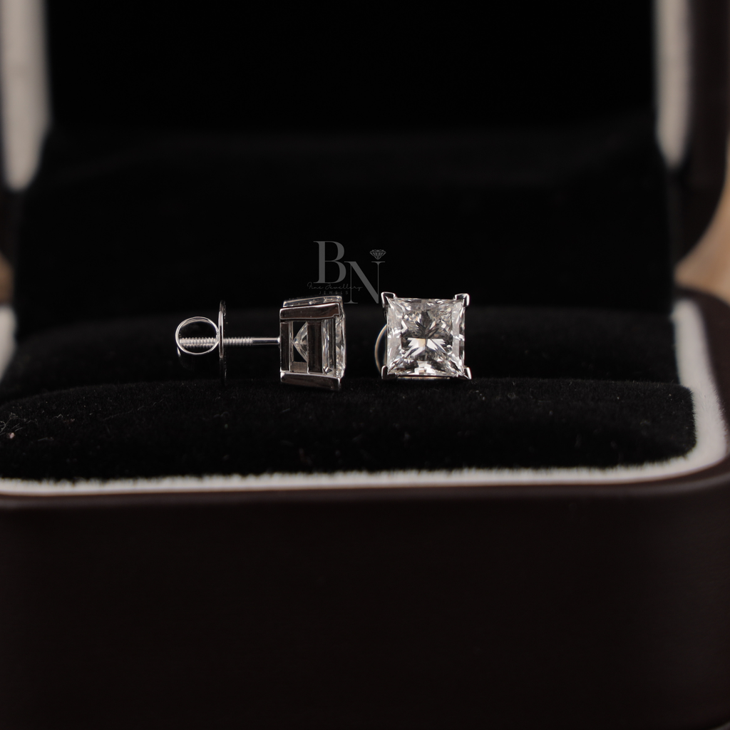 4ct Princess Cut Lab Grown Diamond Stud Earrings | IGI Certified 2ct Each | 14K White Gold 4 Prong Basket | Type IIa Solitaire Studs | Gift