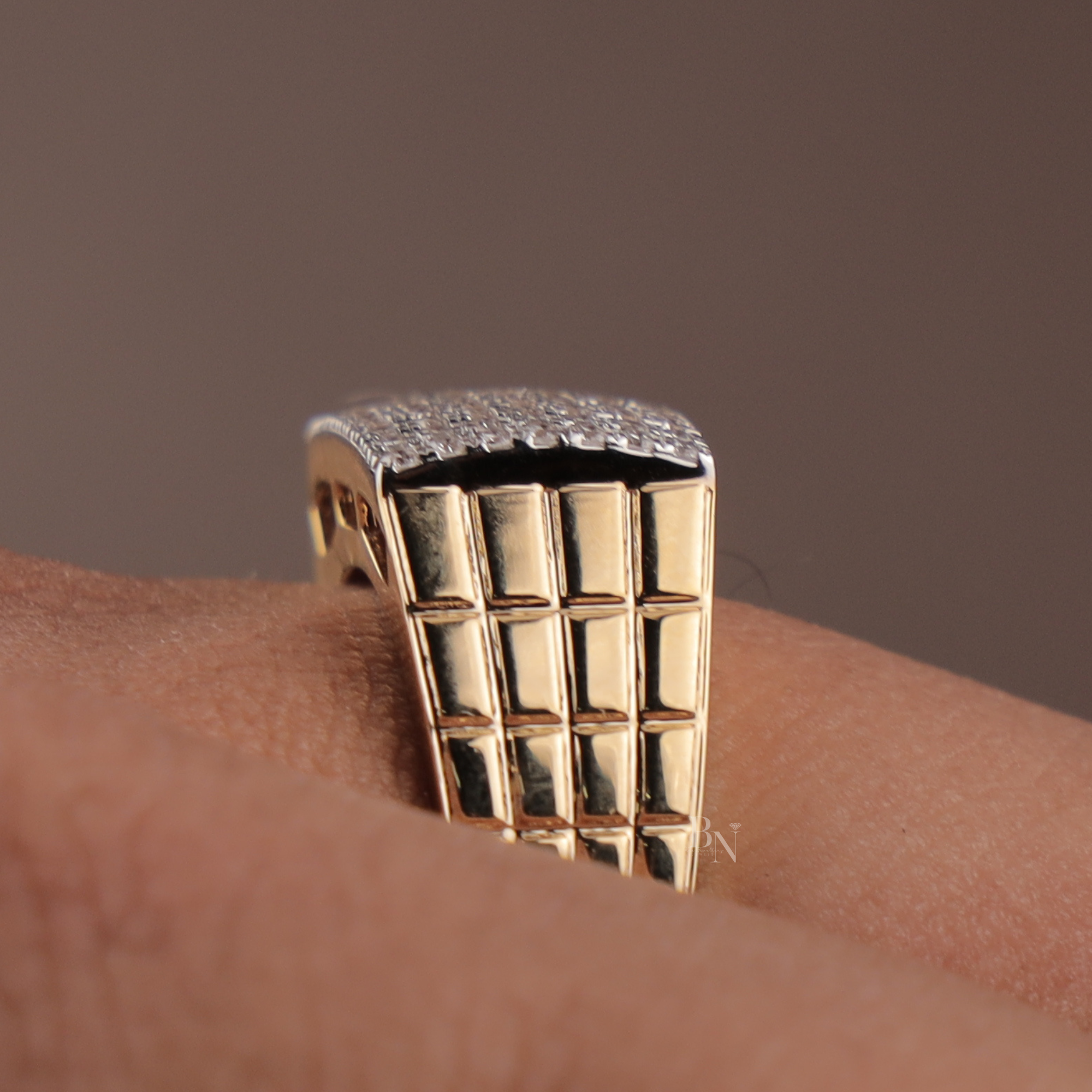 1.00ctw Men's Lab Grown Diamond Signet Ring | 14K Yellow Gold Grid Band | Pave Brick Statement Ring | IGI Certified | Bold Masculine Jewelry