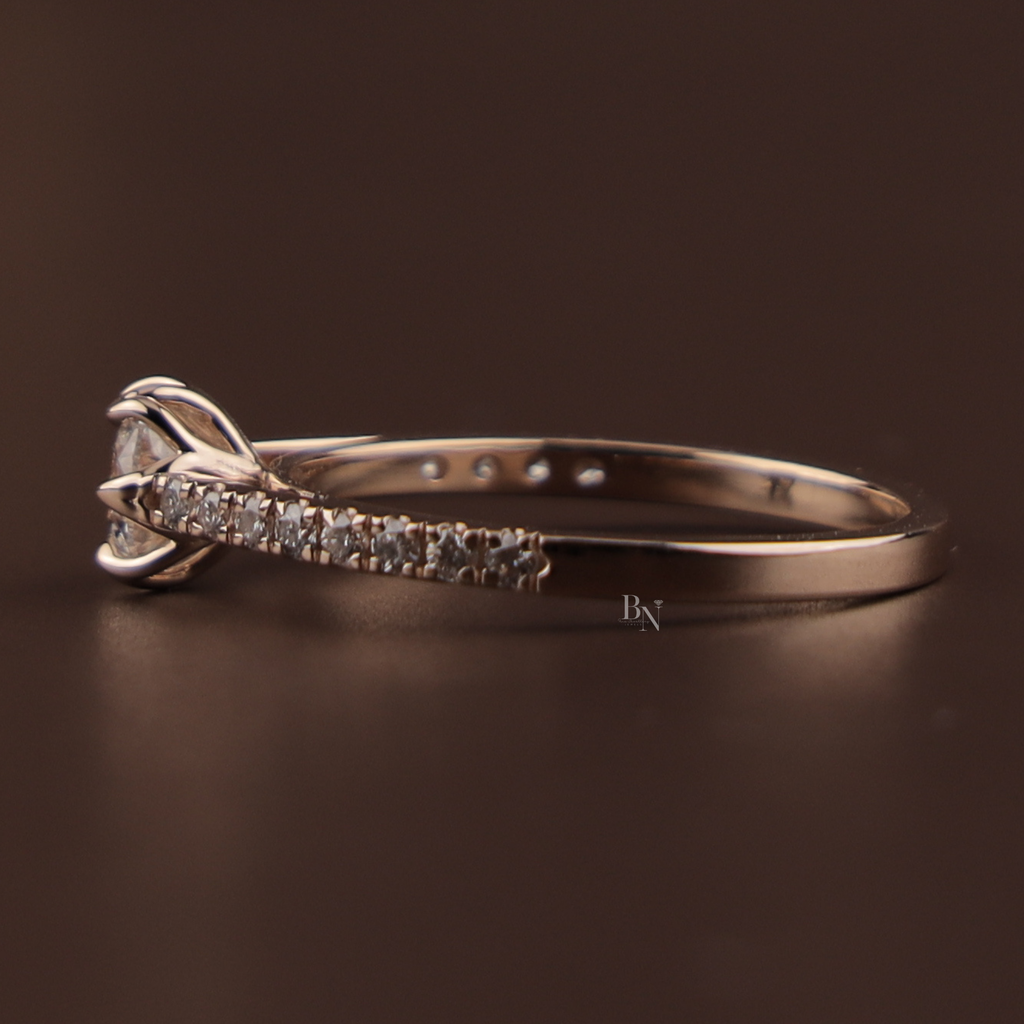Round Lab Grown Diamond Engagement Ring | 14k Rose Gold Floral Petal Setting | Dainty Pave Bridal Ring | IGI Certified 1ct Promise Ring