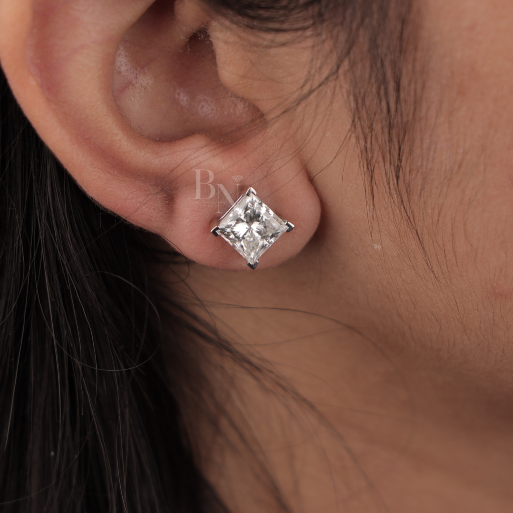 4ct Princess Cut Lab Grown Diamond Stud Earrings | IGI Certified 2ct Each | 14K White Gold 4 Prong Basket | Type IIa Solitaire Studs | Gift