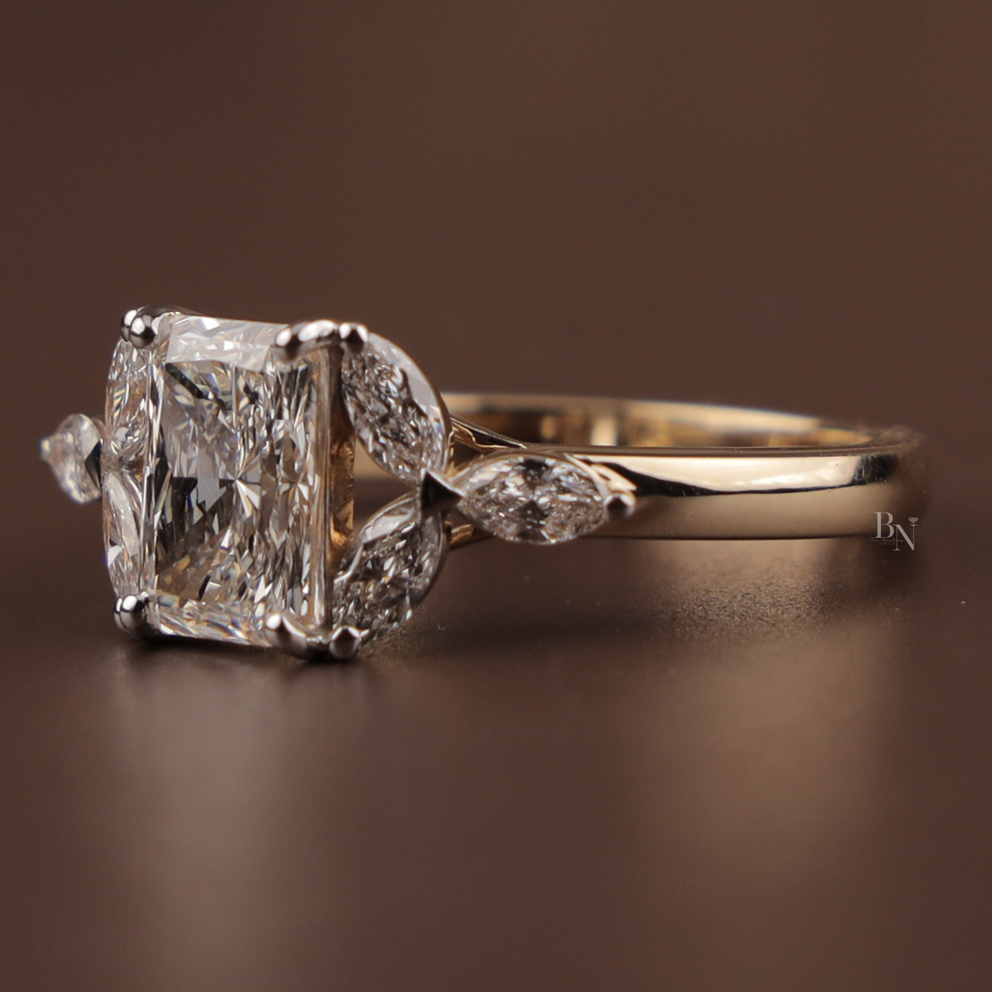 Radiant Cut Engagement Ring | 14k Gold Leaf Marquise Accents Three Stone Proposal Ring
