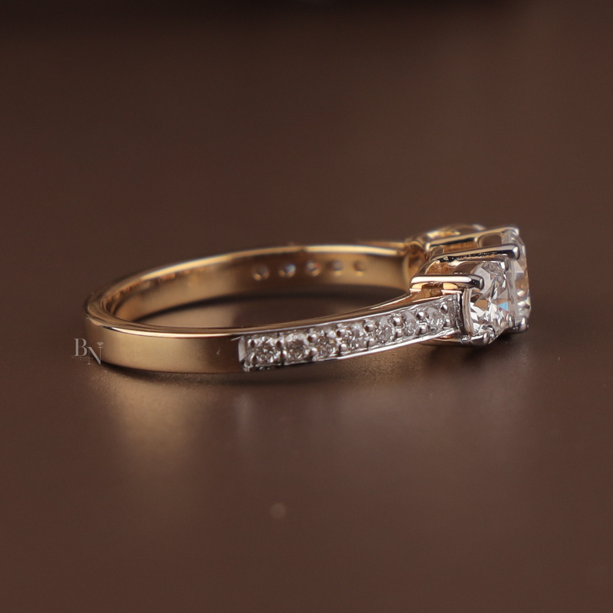 1.25ctw Round Lab Grown Diamond Three Stone Engagement Ring | 14K Yellow Gold Trilogy | Pave Diamond Band | IGI Certified |