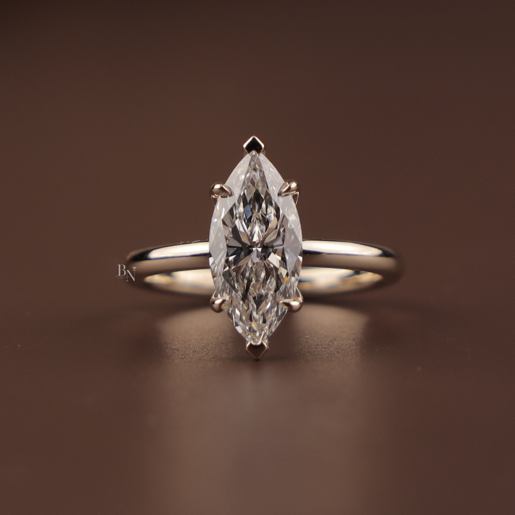 2 Carat Marquise Lab Diamond Bridal Set | Modern Wedding Set with Matte Gold Flush Set Band | Yellow Gold | IGI Certified Lab Diamond