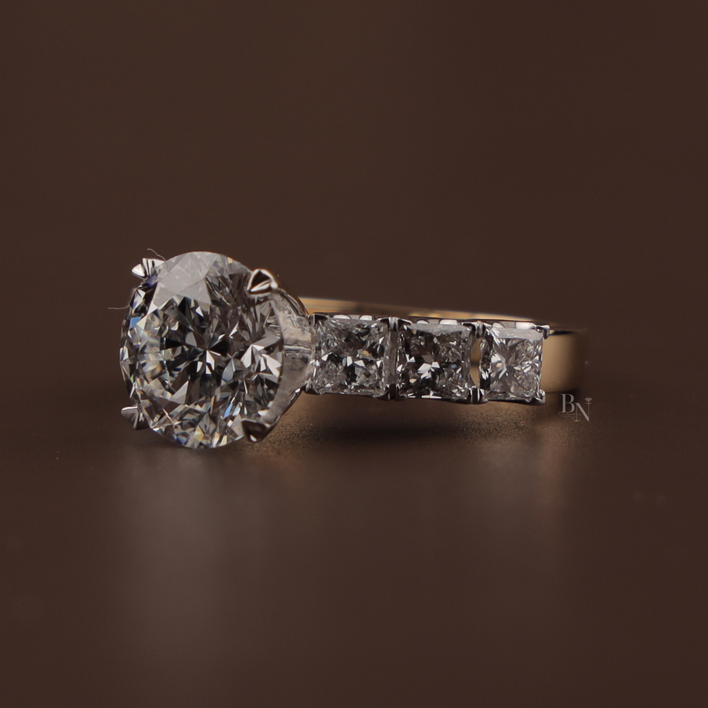 3ct Round Lab Grown Diamond Engagement Ring | NSEW Compass Prong | 14K Gold Princess Cut Accents | IGI Certified Type IIa Bridal Jewelry