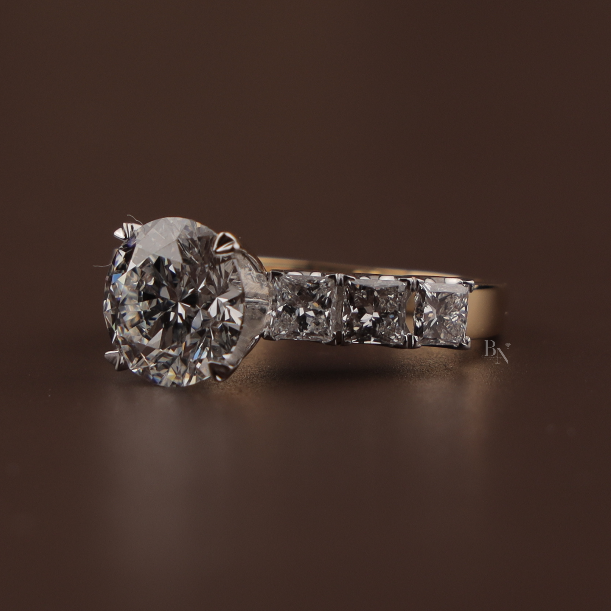 3ct Round Lab Grown Diamond Engagement Ring | NSEW Compass Prong | 14K Gold Princess Cut Accents | IGI Certified Type IIa Bridal Jewelry