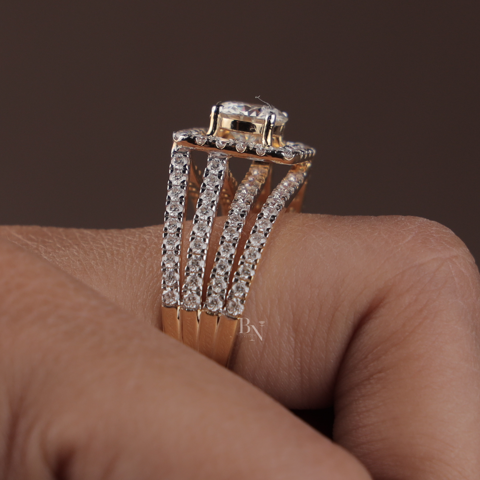 1ct Round Lab Grown Diamond Engagement Ring | 14K Yellow Gold Square Halo | Triple Pave Band | IGI Certified Round Brilliant Promise Ring