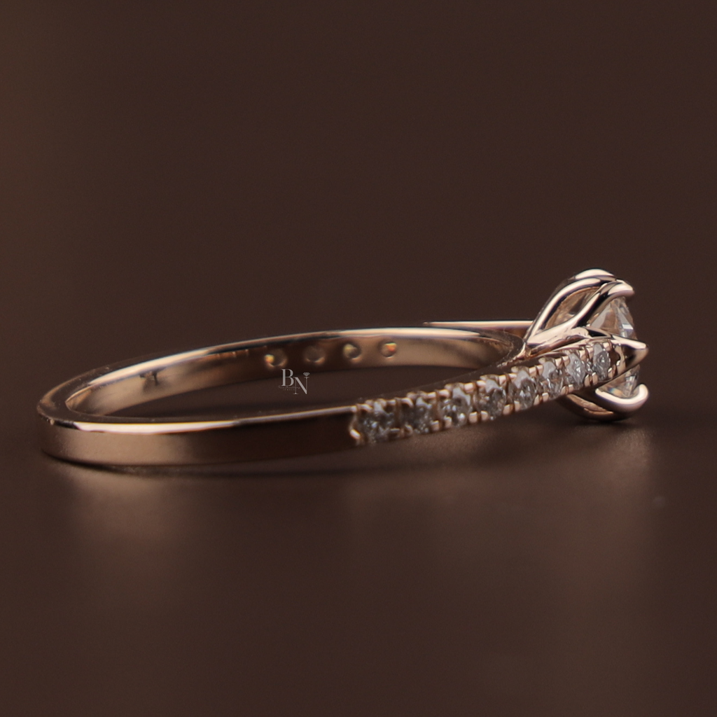 Round Lab Grown Diamond Engagement Ring | 14k Rose Gold Floral Petal Setting | Dainty Pave Bridal Ring | IGI Certified 1ct Promise Ring