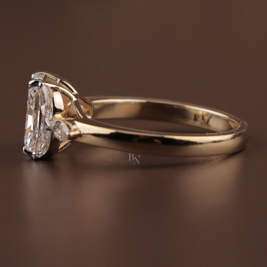 Radiant Cut Engagement Ring | 14k Gold Leaf Marquise Accents Three Stone Proposal Ring