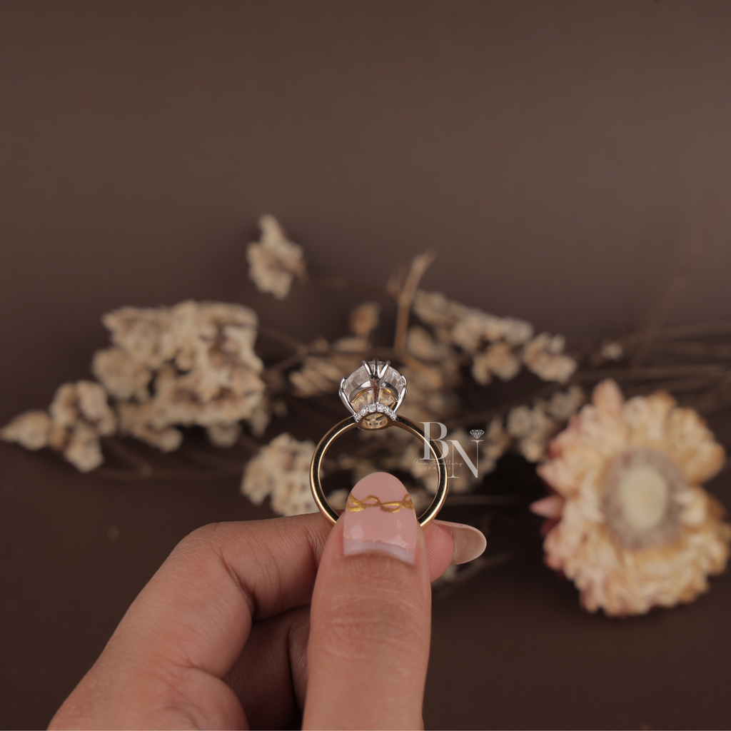 3ct Old Mine Moval Lab Diamond Engagement Ring | Elongated Antique Movall Cut | 14K Two Tone Gold Hidden Halo | Claw Prong Bridal Ring | IGI