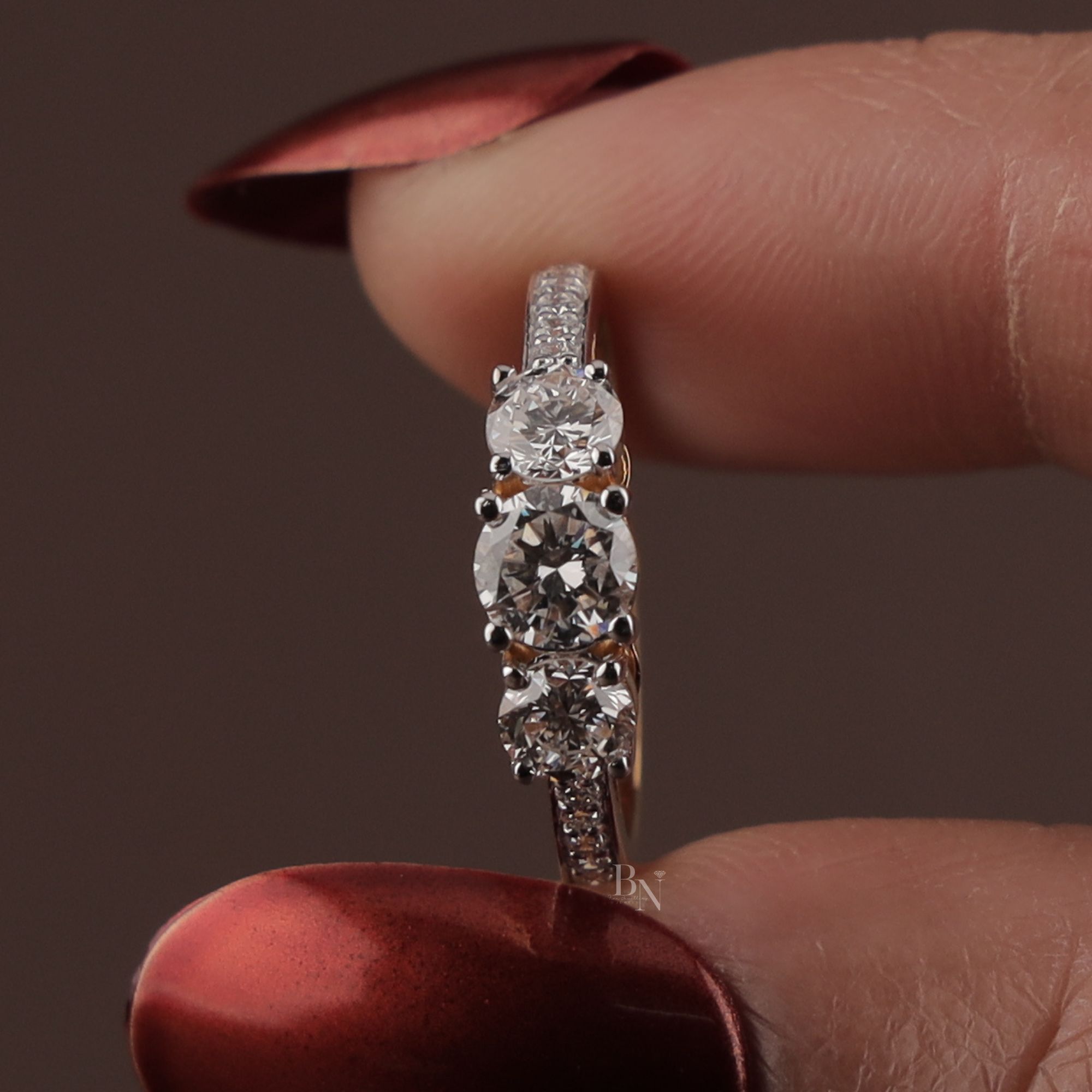 1.25ctw Round Lab Grown Diamond Three Stone Engagement Ring | 14K Yellow Gold Trilogy | Pave Diamond Band | IGI Certified |