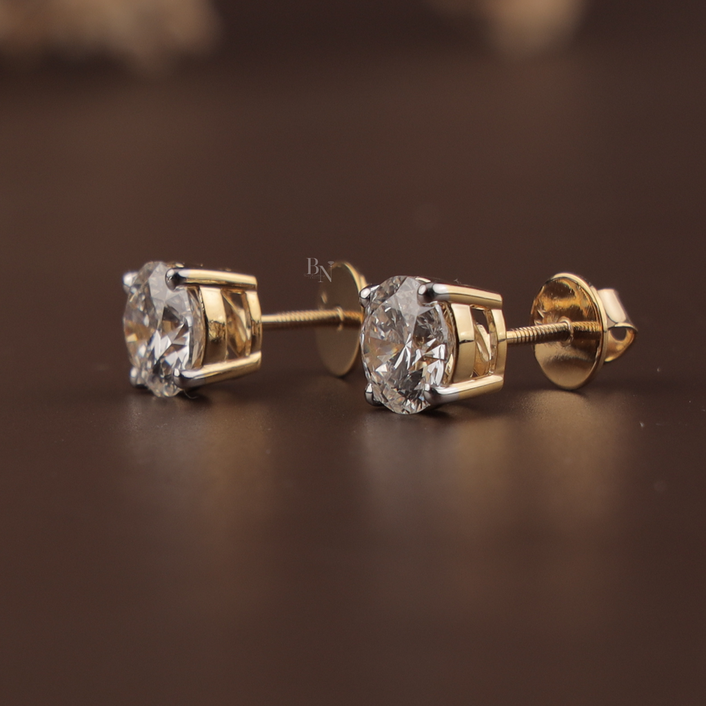 4ctw Round Lab Grown Diamond Stud Earrings | 14K Gold 4 Prong Basket Setting | IGI Certified Lab Diamond Solitaire | Anniversary Gift Her