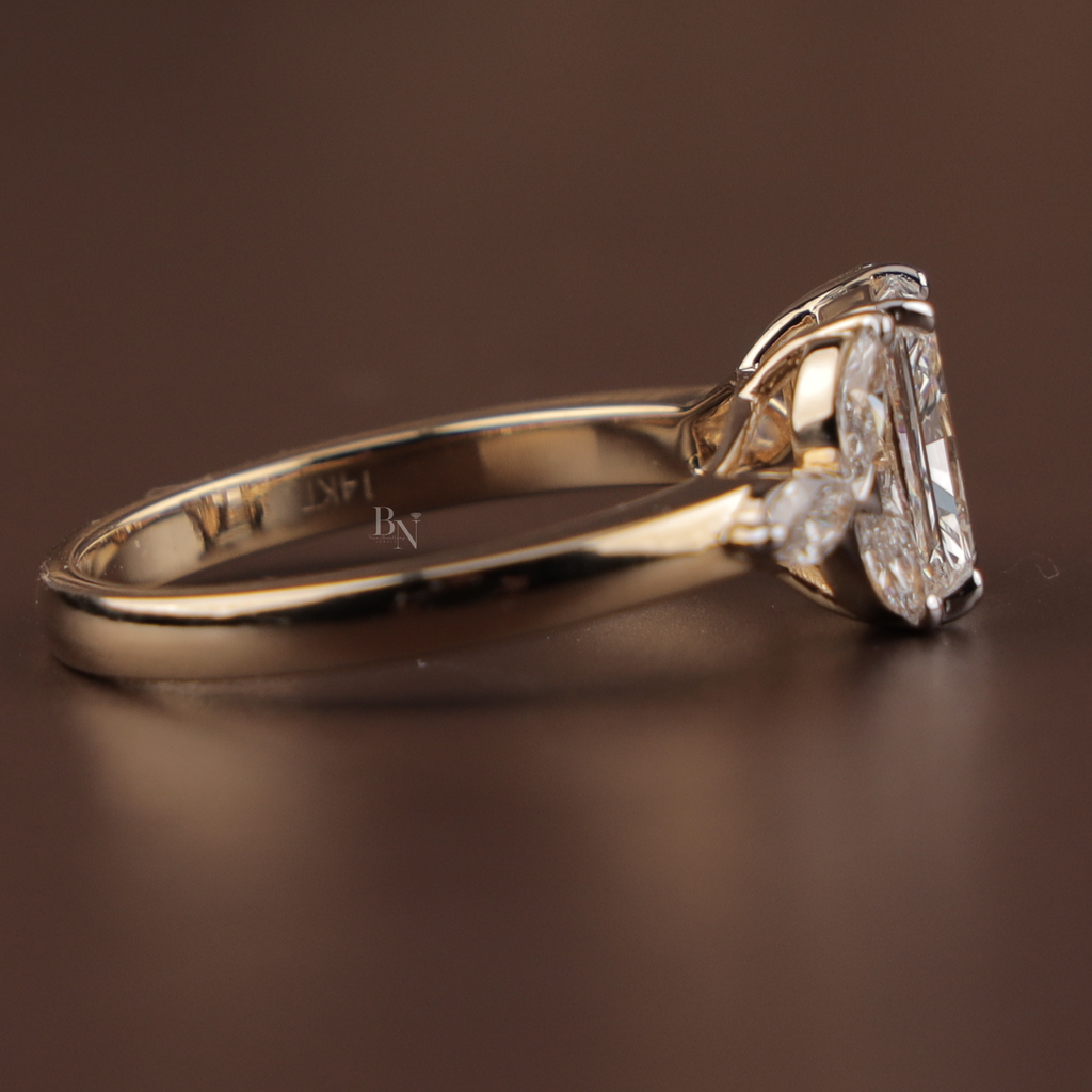 Radiant Cut Engagement Ring | 14k Gold Leaf Marquise Accents Three Stone Proposal Ring