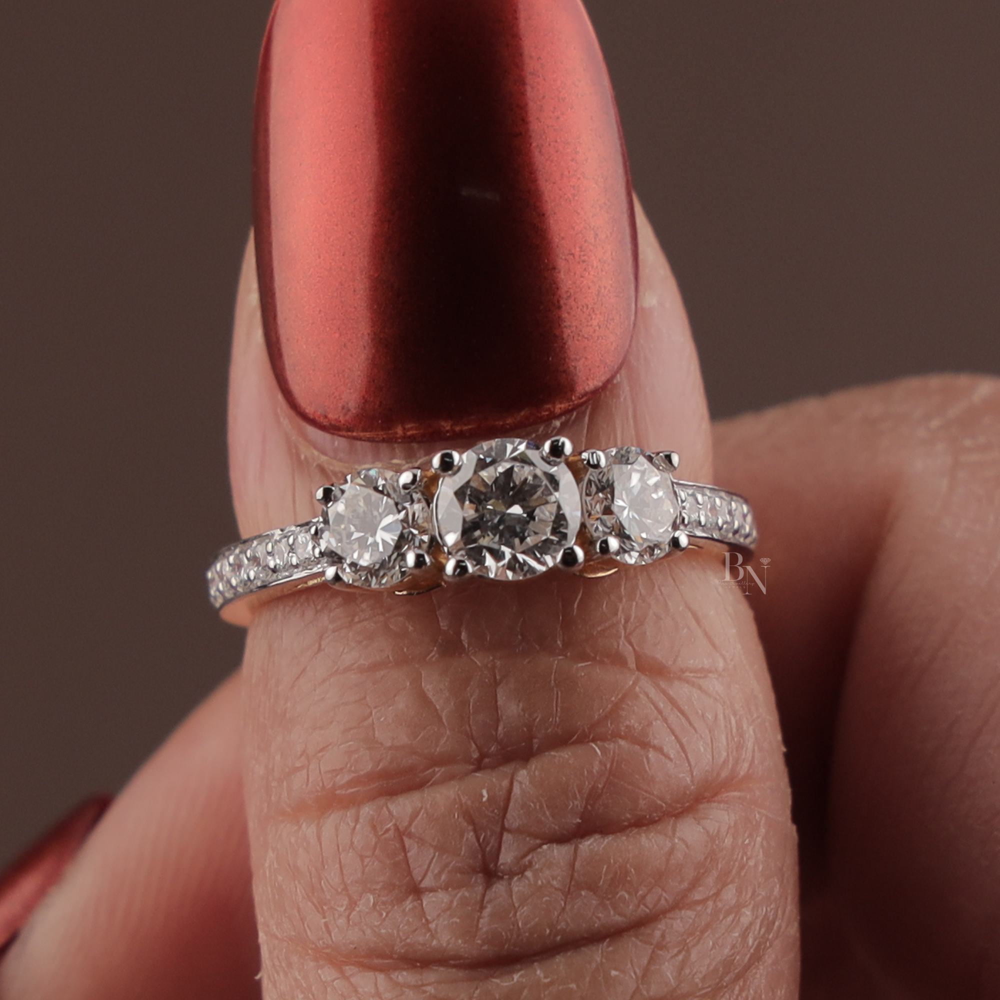 1.25ctw Round Lab Grown Diamond Three Stone Engagement Ring | 14K Yellow Gold Trilogy | Pave Diamond Band | IGI Certified |