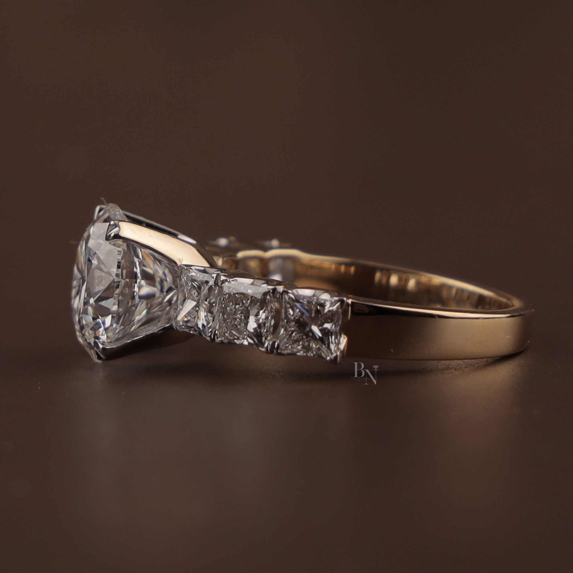 3ct Round Lab Grown Diamond Engagement Ring | NSEW Compass Prong | 14K Gold Princess Cut Accents | IGI Certified Type IIa Bridal Jewelry