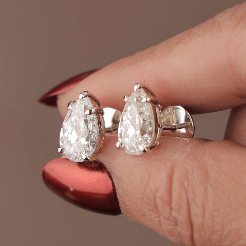 Pear Lab Grown Diamond Stud Earrings | 14K White Gold Solitaire | IGI Certified Pear Cut Diamonds | Minimalist Fine Bridal Jewelry Gift