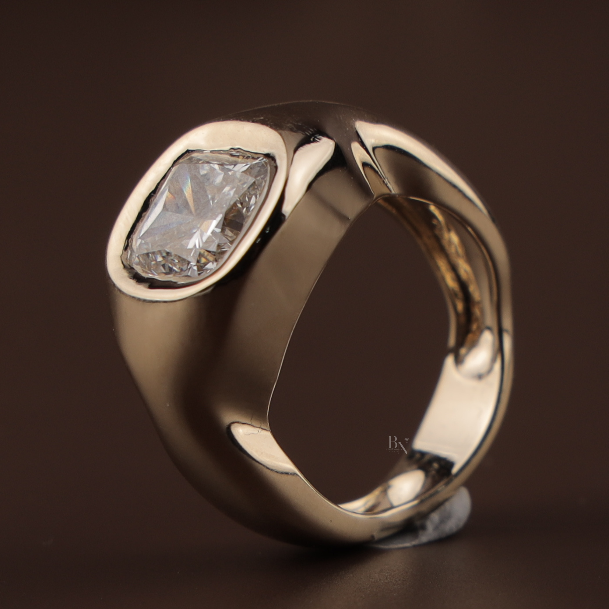 3ct Elongated Cushion Lab Grown Diamond Engagement Ring | 14K Yellow Gold Sculptural Bezel | Organic Wave Solitaire | IGI Certified |