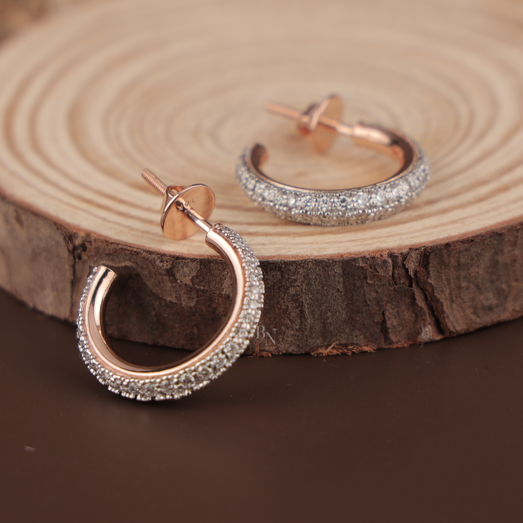 Diamond Hoop Earrings | 14K Rose Gold Pave C-Hoops | Secure Screw Back Diamond Studs | Micro Pave Bridal Jewelry | Anniversary Gift