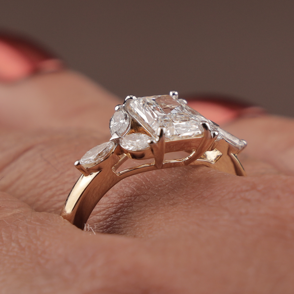 Radiant Cut Engagement Ring | 14k Gold Leaf Marquise Accents Three Stone Proposal Ring