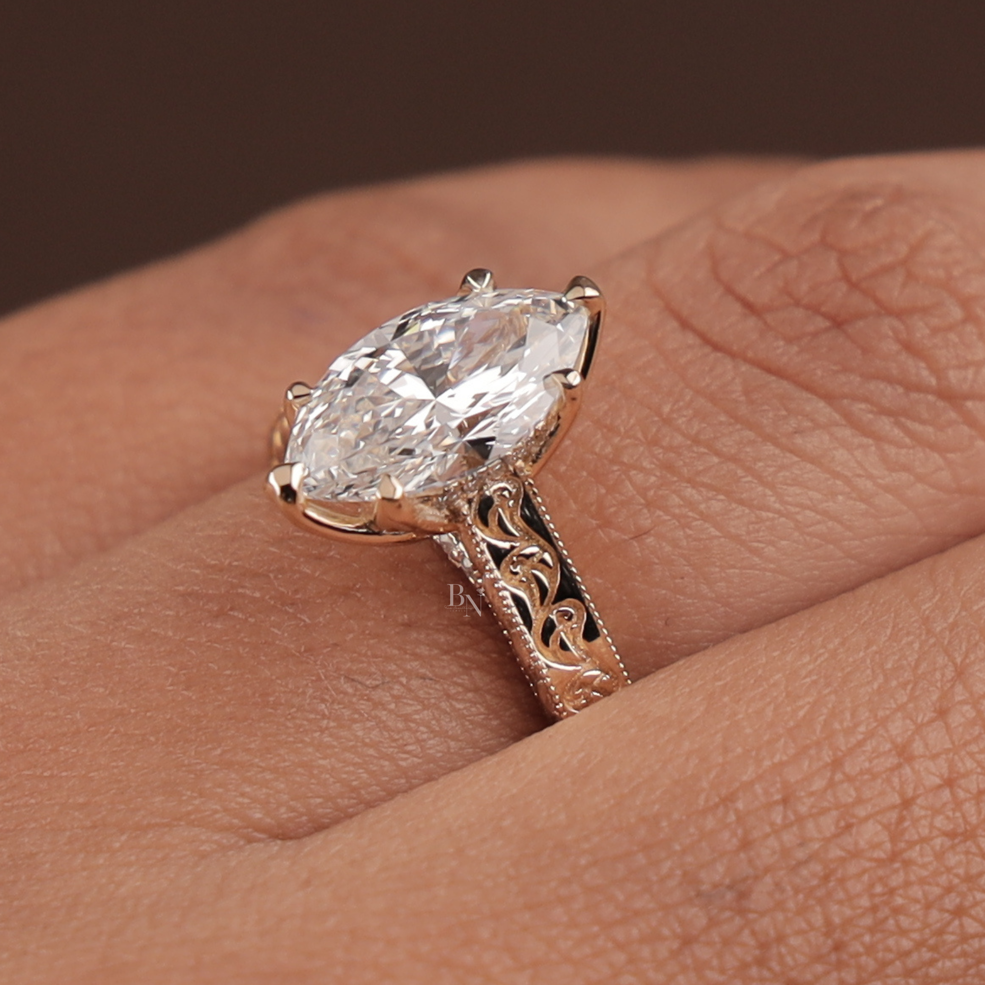 2 carat Marquise Lab Grown Diamond Engagement Ring | Vintage Deco Filigree | 14K Rose Gold Antique Style | Hidden Halo Bridal Anniversary