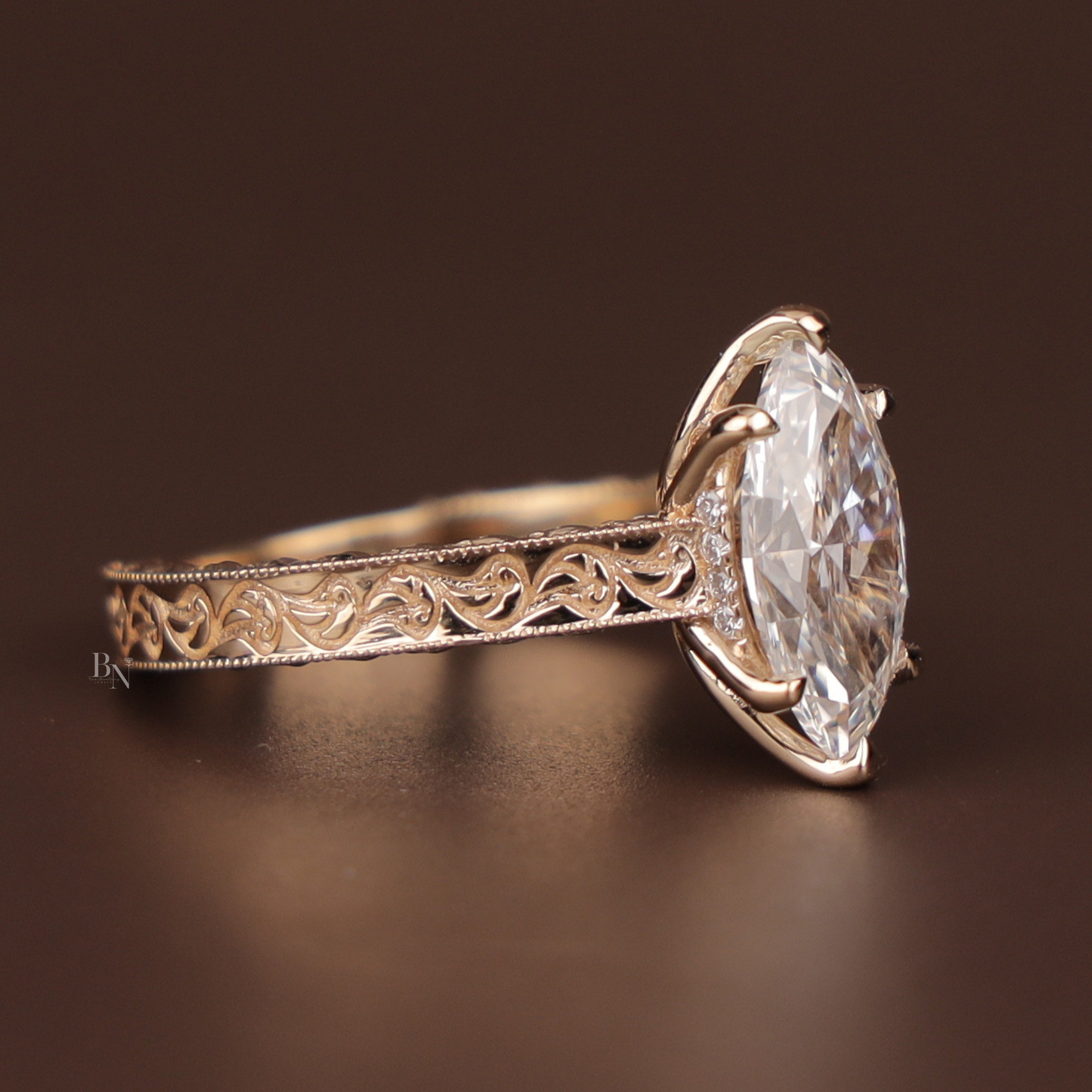 2 carat Marquise Lab Grown Diamond Engagement Ring | Vintage Deco Filigree | 14K Rose Gold Antique Style | Hidden Halo Bridal Anniversary