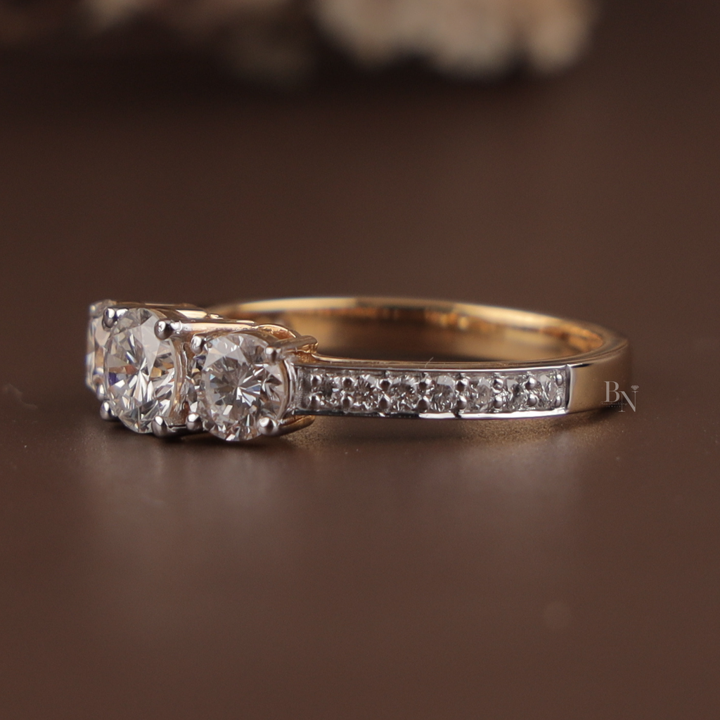 1.25ctw Round Lab Grown Diamond Three Stone Engagement Ring | 14K Yellow Gold Trilogy | Pave Diamond Band | IGI Certified |